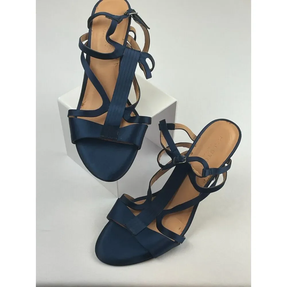 ~ NEW* 10 Halston Heritage Bette Strappy Stiletto Heels Blue Navy Satin Pumps* - Picture 4 of 16